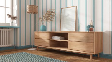 Çerçeve, ahşap çekmeceler, beyaz ve mavi tonlarda çizgili duvar kağıtları, pencere ve parke ile modern rahat oturma odasında taklit edilir. İç tasarım arka planı, İskandinav tarzı