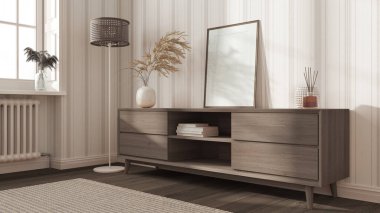 Çerçeve, ahşap çekmeceli, beyaz ve koyu tonlu çizgili duvar kâğıdı, pencere ve parke ile modern rahat oturma odasında taklit edilir. İç tasarım arka planı, İskandinav tarzı