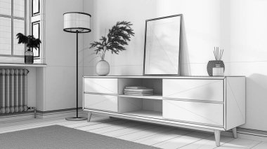 Tamamlanmamış proje taslağı, modern konforlu oturma odasında ahşap çekmeceler, duvar kağıtları, pencereler, parke. İç tasarım arka planı, İskandinav tarzı