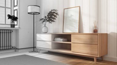 Mimari iç mimar konsepti: elle çizilmiş tamamlanmamış taslak proje, modern rahat oturma odasında ahşap çekmeceler, duvar kağıtları, pencere kağıtları ile taklit edilmiş çerçeve.