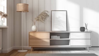 Mimari iç mimar konsepti: gerçek, oturma odası, çerçeve modeli, modern tuvalet, çekmece sandığı, duvar kağıdı, pencere ve parke haline gelen el çizimi tamamlanmamış proje