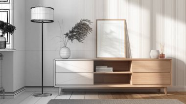 Mimari iç mimar konsepti: gerçek, oturma odası, çerçeve modeli, modern tuvalet, çekmece sandığı, duvar kağıdı, pencere ve parke haline gelen el çizimi tamamlanmamış proje