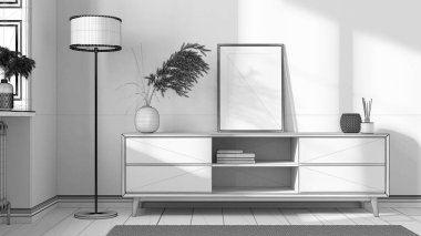 Tamamlanmamış proje taslağı, oturma odası, çerçeve modeli modern tuvalet, çekmeceler, duvar kâğıdı, pencere ve parke. İç tasarım arka planı, İskandinav tarzı