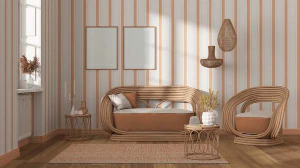 Contemporary living room in white and orange tones, frame mock up, striped wallpaper, rattan sofa and armchairs, side table with decors. Carpet and parquet. Vintage interior design