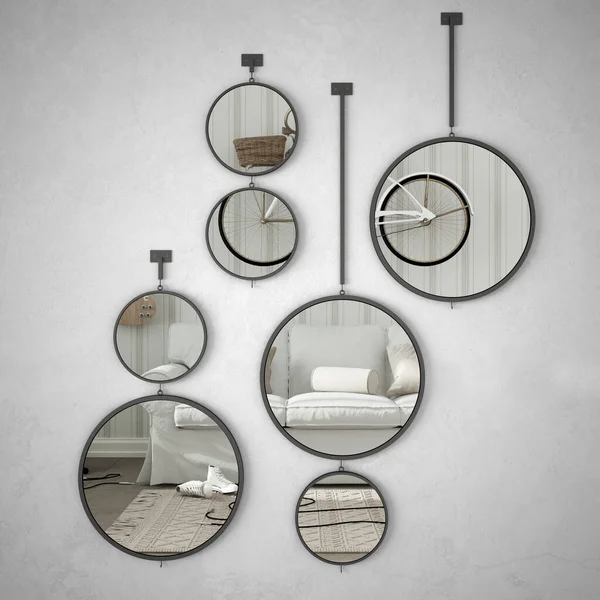 Round mirrors hanging on the wall reflecting interior design scene, white scandinavian living room with sofa and bicycle hanging on the wall, concrete tiles floor