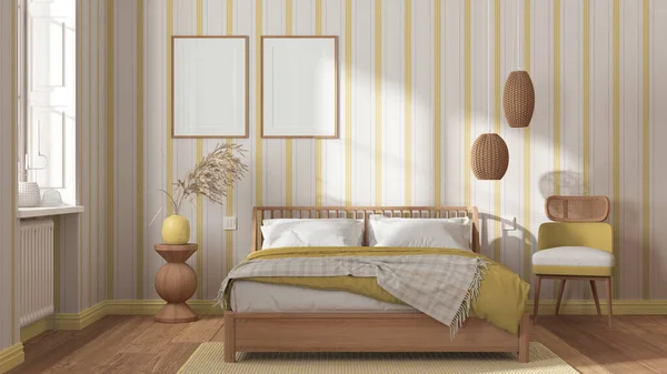 白と黄色の色調で北欧の木製の寝室 フレームモックアップ 羽毛布団と毛布 ストライプの壁紙 カーペット テーブルとアームチェア付きのダブルベッド モダンなインテリアデザイン — ストック写真