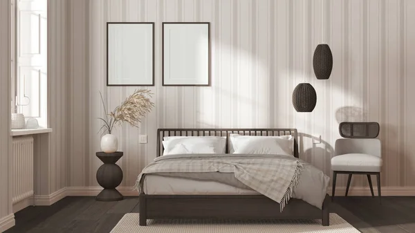 Scandinavian Wooden Bedroom White Dark Tones Frame Mockup Double Bed — Stock Photo, Image