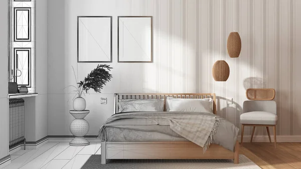 建築家インテリアデザイナーのコンセプト ベッドルーム フレームモックアップ 枕付きベッド ストライプの壁紙 カーペット アームチェアになる手描きの下書き未完成のプロジェクト — ストック写真
