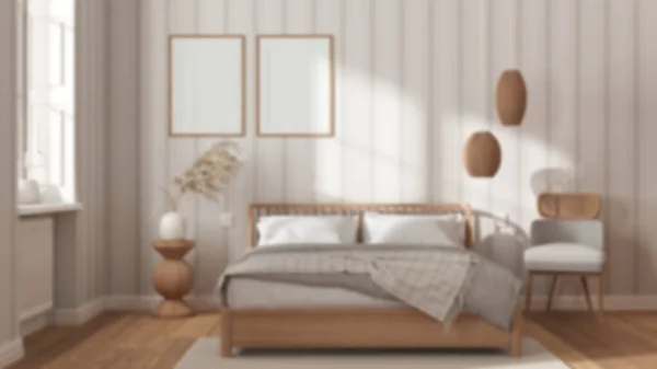 Unscharfer Hintergrund Skandinavisches Holzschlafzimmer Gestell Attrappe Doppelbett Mit Kissen Bettdecke — Stockfoto