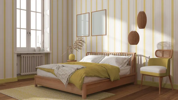 Scandinavian Wooden Bedroom White Yellow Tones Frame Mockup Double Bed — Stock Photo, Image