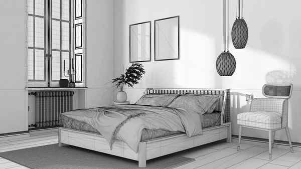 未完成のブループリントプロジェクトの草案 北欧の木製の寝室 フレームのモックアップ 羽毛布団と毛布 ストライプの壁紙 寄木細工と窓付きのベッド モダンなインテリアデザイン — ストック写真