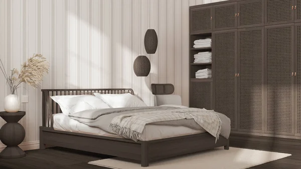 Skandinavisches Holzschlafzimmer Weißen Und Dunklen Tönen Doppelbett Mit Kissen Bettdecke — Stockfoto