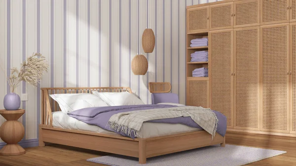 Scandinavian wooden bedroom in white and purple tones, double bed, pillows, duvet and blanket, striped wallpaper, rattan wardrobe, pendant lamps and parquet. Modern interior design