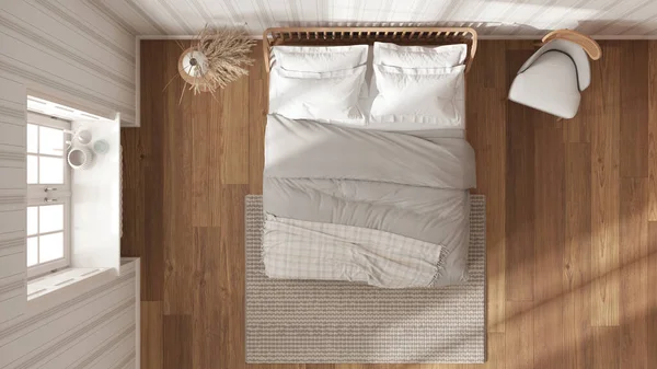 Scandinavian Wooden Bedroom White Beige Tones Double Bed Pillows Duvet — Stock Photo, Image