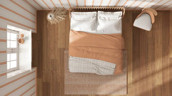 Деревянная Спальня Белых Оранжевых Тонах Двуспальная Кровать Подушками Одеялом Одеялом — стоковое фото