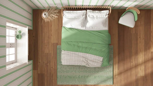 Scandinavian wooden bedroom in white and green tones, double bed with pillows, duvet and blanket, striped wallpaper, window and parquet. Top view, plan, above. Modern interior design