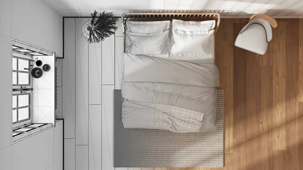 建筑师室内设计理念 手绘草稿未完成的工程 成为现实 床与枕头和毛毯 条纹壁纸 顶部视图 — 图库照片