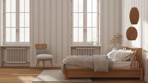 Dormitorio Escandinavo Madera Tonos Blanco Beige Cama Doble Con Almohadas —  Fotos de Stock