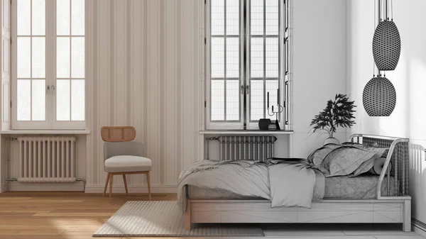 Mimari Mimar Konsepti Elle Çizilmiş Tamamlanmamış Proje Yatak Odası Yastıklı — Stok fotoğraf