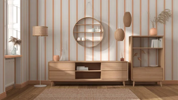 Modern wooden interior in white and orange tones, dresser and commode with shelves, vases, candles and decors. Striped wallpaper, window and parquet. Scandinavian interior design