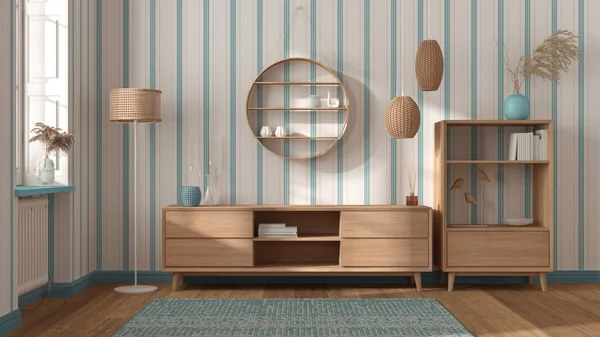 Interior Madeira Moderna Tons Brancos Azuis Cômoda Cômoda Com Prateleiras — Fotografia de Stock