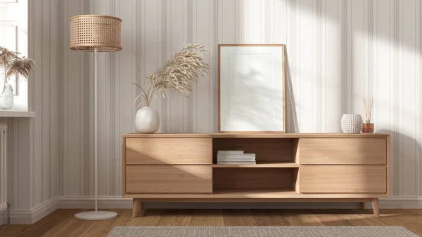 Wooden living room, frame mock up, modern commode, chest of drawers, striped wallpaper in white and beige tones, window and parquet. Interior design background, scandinavian style