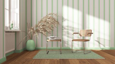 Beyaz ve yeşil tonlarda İskandinav oturma odası. Rattan ve koltuk çal, yan masa, halı, pencere ve dekorlar. Çizgili duvar kağıdı. Modern iç tasarım kavramı