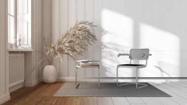 Mimar iç mimar konsepti: elle çizilmiş tamamlanmamış proje gerçeğe dönüşüyor, oturma odası. Rattan ve koltuk çal, yan masa, halı, pencere. Çizgili duvar kağıdı