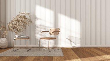 Beyaz ve bej tonlarda çağdaş bekleme odası. Rattan ve koltuk çal, yan masa, halı, pencere ve dekorlar. Çizgili duvar kağıdı. Modern iç tasarım kavramı