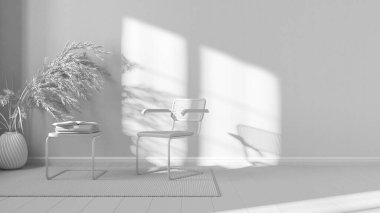 Tamamen beyaz proje taslağı, çağdaş bekleme odası. Rattan ve koltuk çal, yan masa, halı, pencere ve dekorlar. Çizgili duvar kağıdı. Modern iç tasarım kavramı