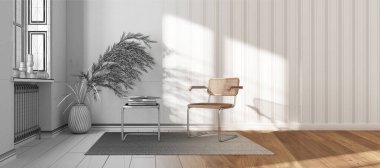 Mimar iç mimar konsepti: elle çizilmiş tamamlanmamış proje gerçek oluyor, bekleme odası. Rattan ve koltuklar, masa, halı, pencere ve dekorlar. Çizgili duvar kağıdı