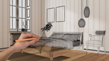 Parke zeminli boş beyaz iç döşeme, el çizimi özel mimari tasarım, siyah mürekkep çizimi, İskandinav yatak odasını gösteren plan, çizgili duvar kağıdı arka plan fikri