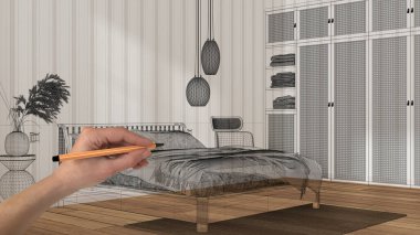 Parke zeminli boş beyaz iç döşeme, el çizimi özel mimari tasarım, siyah mürekkep çizimi, İskandinav yatak odasını gösteren plan, çizgili duvar kağıdı arka plan fikri