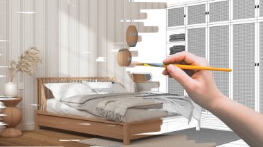 Taslak proje taslağı, İskandinav yatak odası taslağı, el boyası iç ayrıntılar, tasarım konsepti fikri, parke zemin, çizgili duvar kağıdı, radyatörlü pencere, özel mobilya