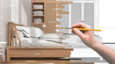 Taslak proje taslağı, İskandinav yatak odası taslağı, el boyası iç ayrıntılar, tasarım konsepti fikri, parke zemin, çizgili duvar kağıdı, radyatörlü pencere, özel mobilya