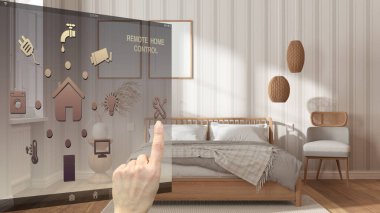 Akıllı ev kontrol konsepti, mobil uygulamadan el kontrollü dijital arayüz. Çerçeve maketi, duvar kağıdı, mimari iç tasarımı olan modern ahşap yatak odasını gösteren arkaplan