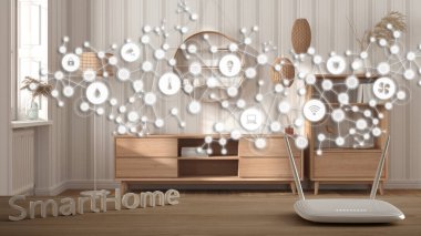 Wi-Fi kablosuz yönlendirici ahşap masa, akıllı ev, geometrik arkaplan bağlı çizgi ve noktalar şeylerin interneti, ev otomasyonu konsepti modern oturma odası üzerinde