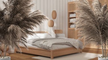 Çakıl taşları, kuru bitkiler, süs, kulaklar, kılıf, çift yatak odalı, duvar kağıtlı ve gardıroplu vazo dalları, modern minimal iç tasarım.