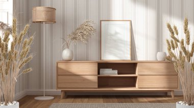Çakıl taşları, kuru bitkiler, süs, kulaklar, çarşaf, vazo dalları, ahşap çekmeceler, duvar kağıtları, çerçeve modeli, modern minimal iç tasarım.
