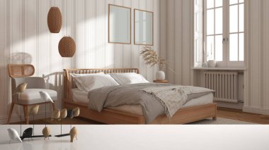 Beyaz masa üstü ya da rafta minimalist kuş süsü, kuş süsü - ahşap yatak odasının üzerinde çift yatak ve duvar kağıdı, çerçeve modeli, modern iç tasarım