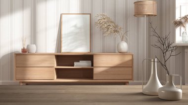 Ahşap masa ya da raf üzerinde minimalist modern vazolar olan ahşap oturma odaları ve çerçeve modeli, duvar kağıdı ve parke döşeme, minimalist iç mimari tasarım.