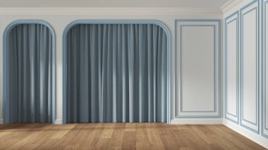 Beyaz ve mavi pastel tonlarda boş oda iç tasarımı, parke ahşap zemin ve kalıplı duvarları olan klasik açık alan, perdeli kemerli kapılar, neoklasik mimari konsept