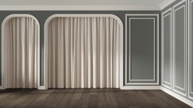 Beyaz ve koyu tonlarda boş oda iç tasarımı, parke ahşap döşemeli ve kalıplı duvarlı klasik açık alan, perdeli kemerli kapılar, neo klasik mimari konsept.