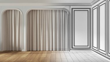 Mimari iç mimar konsepti: gerçek, boş oda haline gelen el yapımı taslak proje, parke ve kalıplı duvarları olan klasik açık alan, perdeli kemerli kapılar