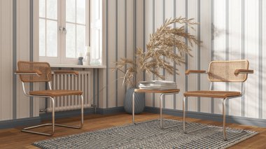 Beyaz ve gri tonlarda klasik bekleme odası. Rattan ve koltuk çal, yan masa, halı, pencere ve dekorlar. Çizgili duvar kağıdı. Çağdaş iç tasarım kavramı