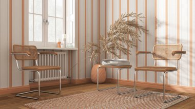 Beyaz ve turuncu tonlarda klasik bekleme odası. Rattan ve koltuk çal, yan masa, halı, pencere ve dekorlar. Çizgili duvar kağıdı. Çağdaş iç tasarım kavramı