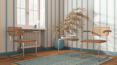 Beyaz ve mavi tonlarda klasik bekleme odası. Rattan ve koltuk çal, yan masa, halı, pencere ve dekorlar. Çizgili duvar kağıdı. Çağdaş iç tasarım kavramı