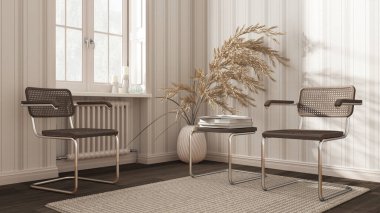 Beyaz ve koyu tonlarda klasik bekleme odası. Rattan ve koltuk çal, yan masa, halı, pencere ve dekorlar. Çizgili duvar kağıdı. Çağdaş iç tasarım kavramı