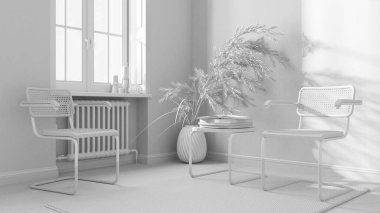 Tamamen beyaz proje taslağı, klasik bekleme odası. Rattan ve koltuk çal, yan masa, halı, pencere ve dekorlar. Çizgili duvar kağıdı. Çağdaş iç tasarım kavramı