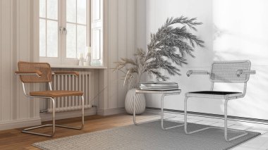 Mimar iç mimar konsepti: elle çizilmiş tamamlanmamış proje gerçek oluyor, bekleme odası. Rattan ve koltuk çal, yan masa, halı, pencere ve dekorlar. Duvar Kağıdı